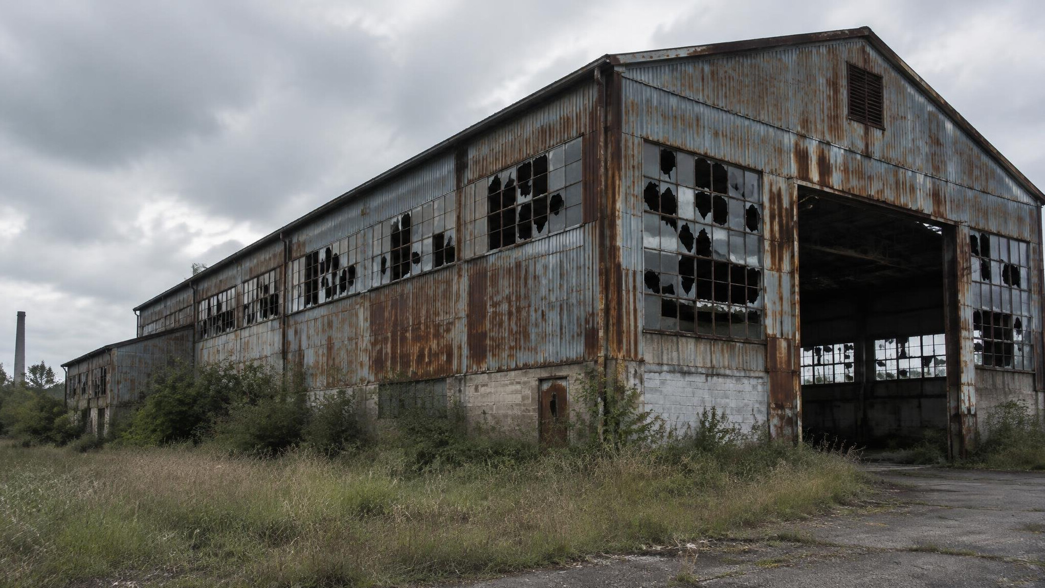 Abandoned industrial warehouse with broken windows