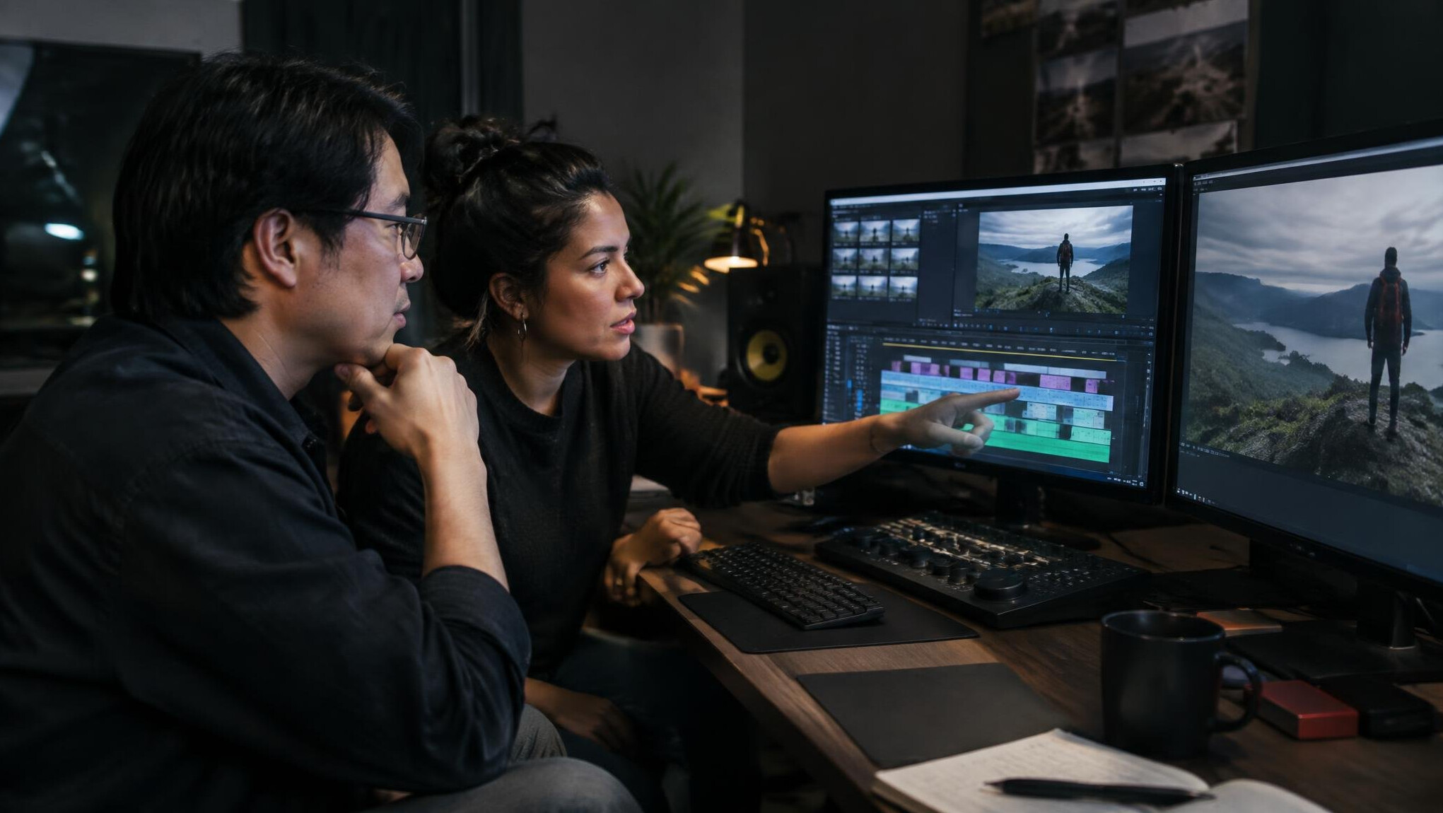 Two editors reviewing documentary footage at a desk