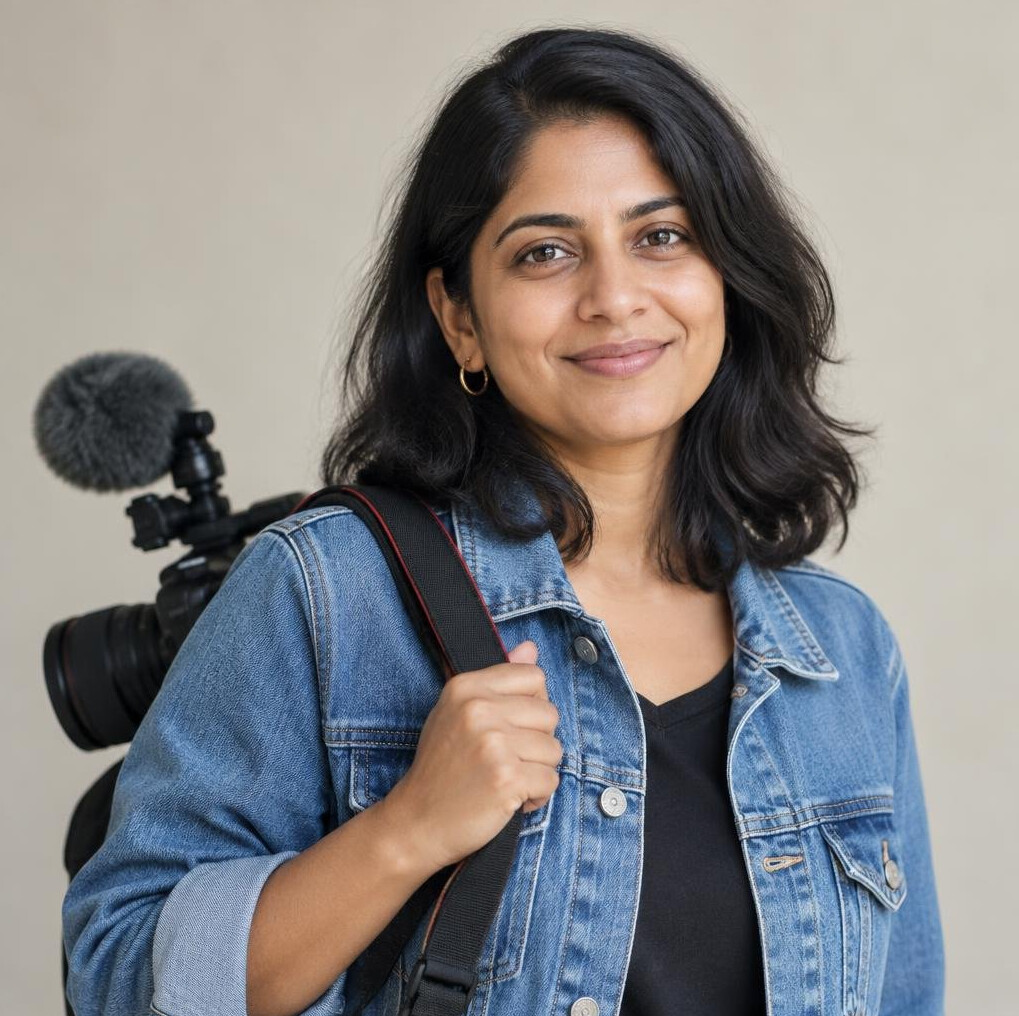 Portrait of a South Asian woman documentary filmmaker smiling