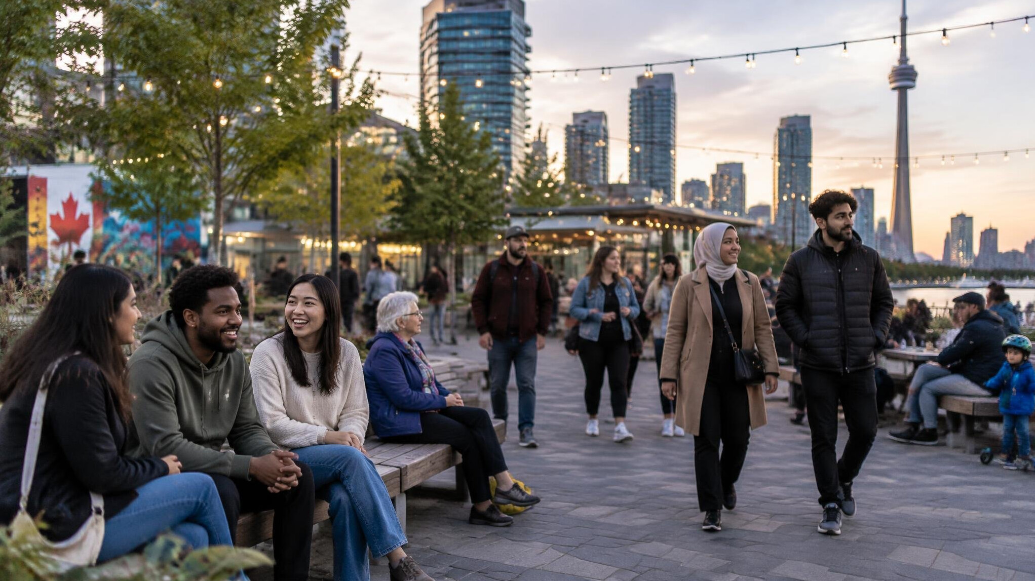 People gathered in a public city plaza in the evening