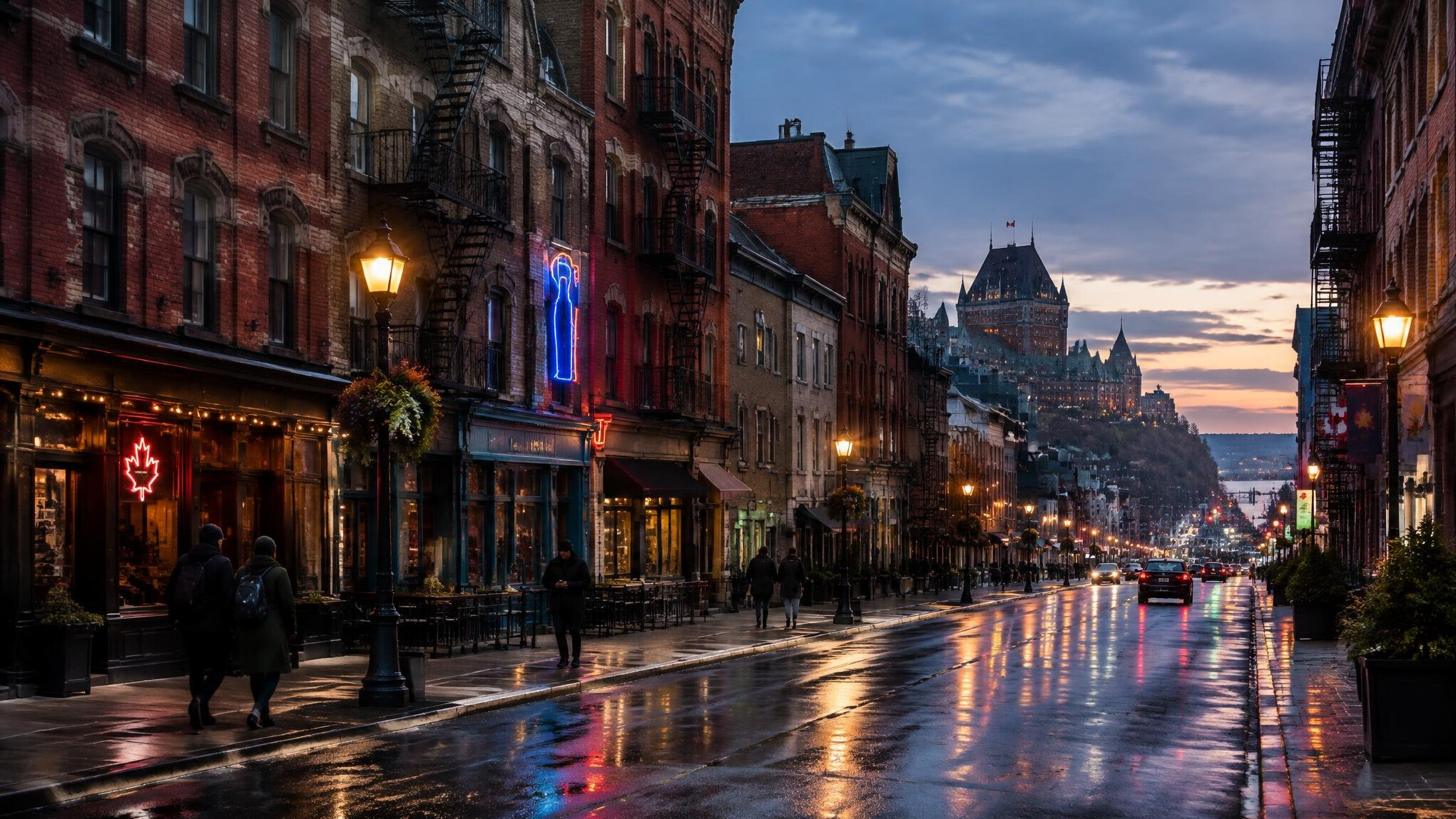 Historic brick buildings along a Canadian downtown street at dusk