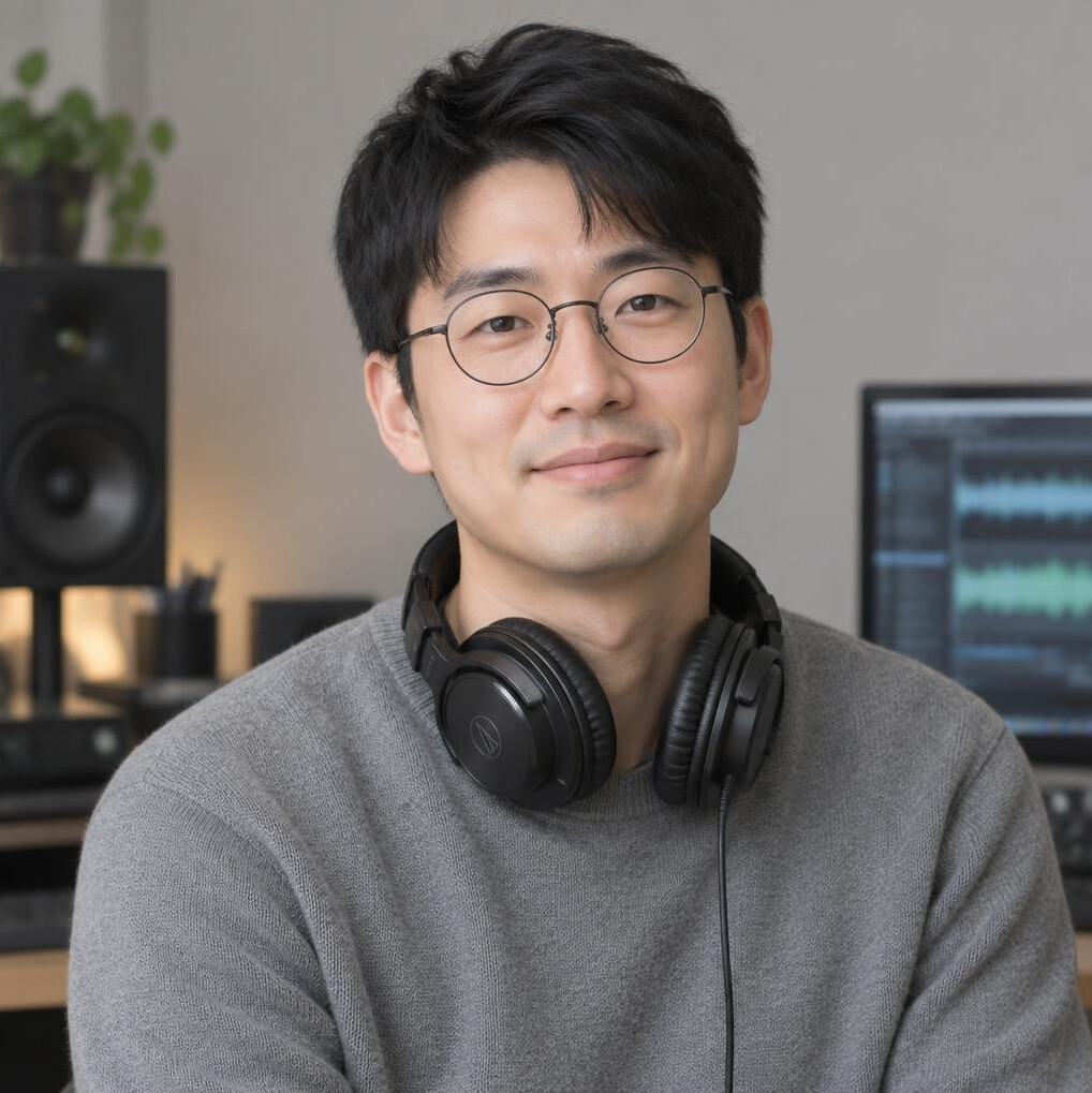 Portrait of an East Asian man sound designer with headphones