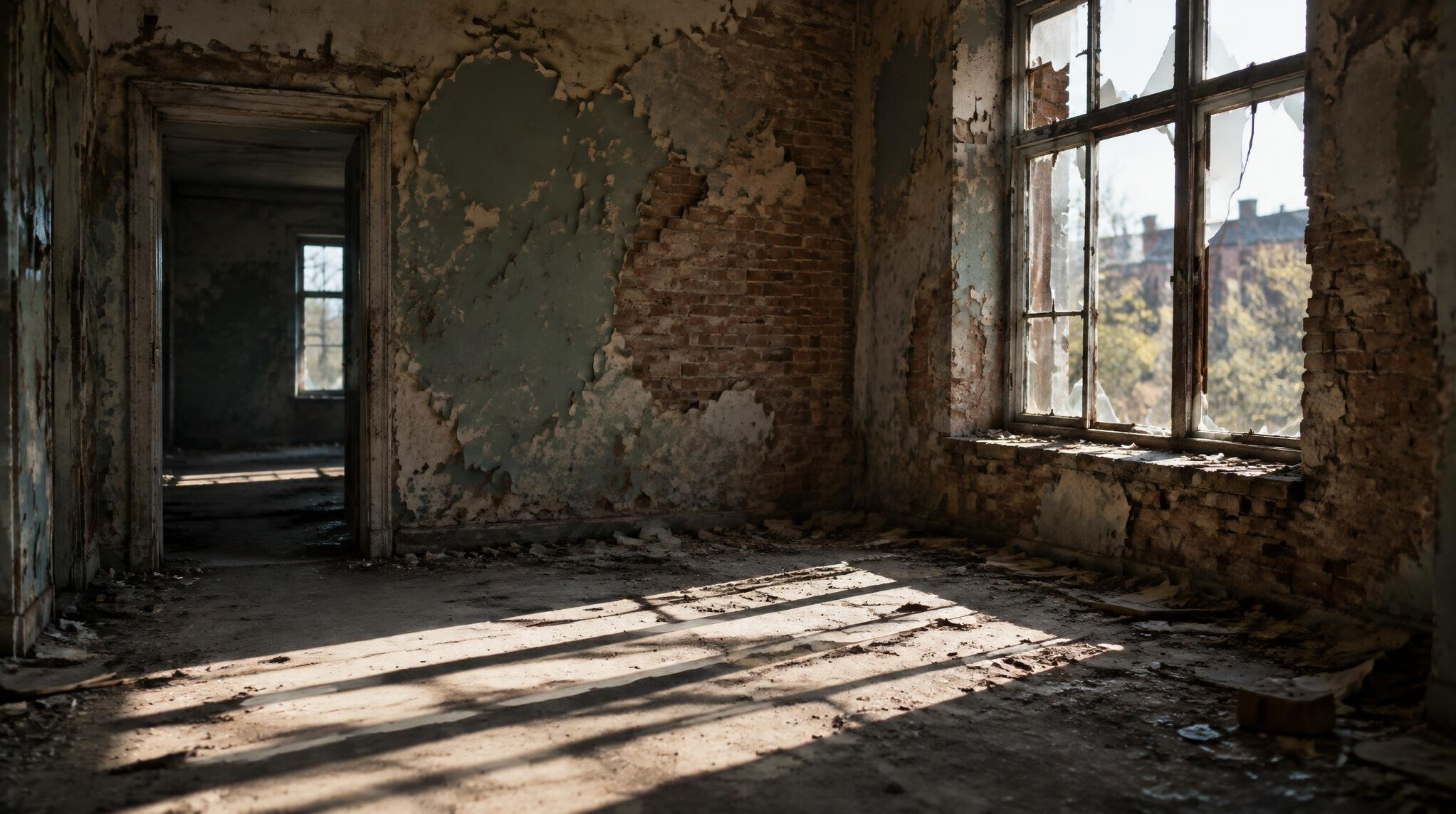 Sunlight streaming into an abandoned building interior